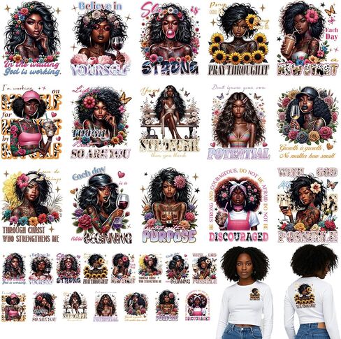 تحويلات DTF جاهزة للضغط - 30 بكسل الفتيات السوداء الحديد على التحويلات إلى tshirts ، ونقلت ملهمة الحديد على بقع الشارات ، نقل الحرارة الأمريكيين من أصل أفريقي ل DIY جينز أكياس القبعات in Kuwait