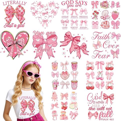 Bow Iron on Transfers - 12 Sheets Pink Ready to Press Heat Transfer Stickers for T-Shirts DIY Crafts Women Girls Clothing Decals Pillow Bag Appliques Clothes Decorations Washable Patches in Kuwait