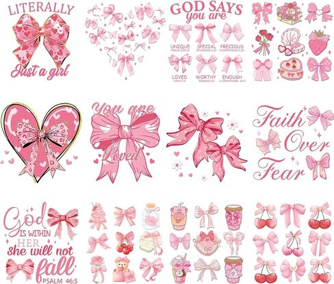 Bow Iron on Transfers - 12 Sheets Pink Ready to Press Heat Transfer Stickers for T-Shirts DIY Crafts Women Girls Clothing Decals Pillow Bag Appliques Clothes Decorations Washable Patches in Kuwait