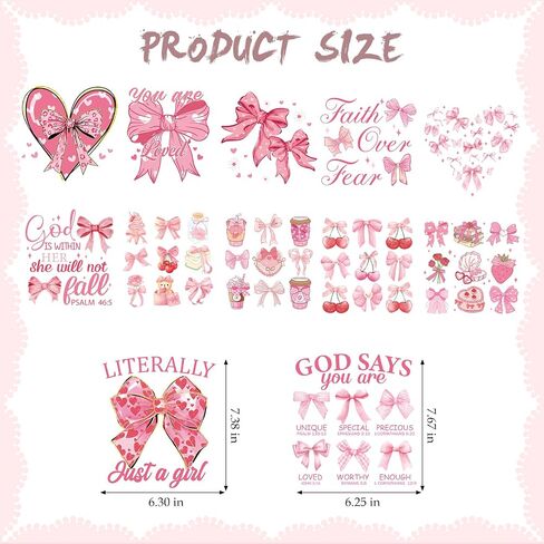 Bow Iron on Transfers - 12 Sheets Pink Ready to Press Heat Transfer Stickers for T-Shirts DIY Crafts Women Girls Clothing Decals Pillow Bag Appliques Clothes Decorations Washable Patches in Kuwait