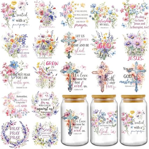 Bible Verse UV DTF Stickers - 20 Sheets Grown in Grace Christian Motivational Quotes Uvdtf Cup Wraps for 16 oz Glass Coffee Mug, Cross Flowers Butterfly Transfer Sticker Decals DIY Water Bottle Decor in Saudi Arabia