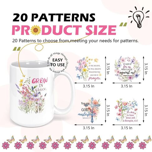 Bible Verse UV DTF Stickers - 20 Sheets Grown in Grace Christian Motivational Quotes Uvdtf Cup Wraps for 16 oz Glass Coffee Mug, Cross Flowers Butterfly Transfer Sticker Decals DIY Water Bottle Decor in Saudi Arabia