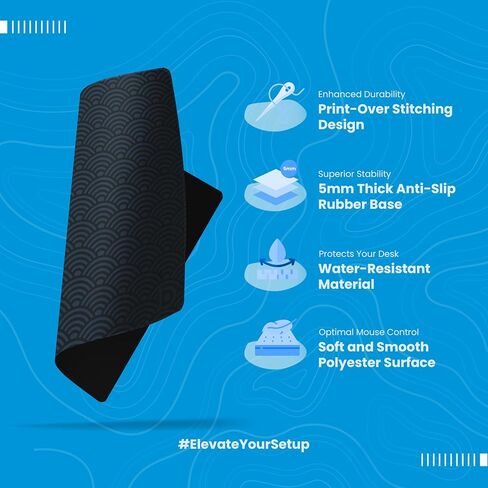 Black Waves Deskpad Full XL Gaming Desk Mat Gamer Desk Pad with Stitched Edges 5mm Thick Non-Slip Water-Resistant Rubber Laptop Computer Mousepad for Office and Home - 35.4 x 15.7 in in Saudi Arabia