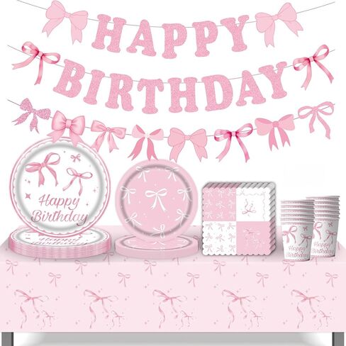 Pink Bow Party Supplies, Coquette Birthday Decorations with Bow Plates, Cups, Napkins, Tablecloth and Banner, Pink Birthday Decoration Serve 24, Bow Themed Tableware for Girls Bachelorette Party Decor in Saudi Arabia