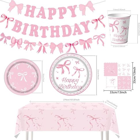 Pink Bow Party Supplies, Coquette Birthday Decorations with Bow Plates, Cups, Napkins, Tablecloth and Banner, Pink Birthday Decoration Serve 24, Bow Themed Tableware for Girls Bachelorette Party Decor in Saudi Arabia