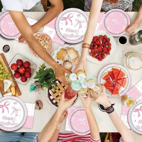 Pink Bow Party Supplies, Coquette Birthday Decorations with Bow Plates, Cups, Napkins, Tablecloth and Banner, Pink Birthday Decoration Serve 24, Bow Themed Tableware for Girls Bachelorette Party Decor in Saudi Arabia