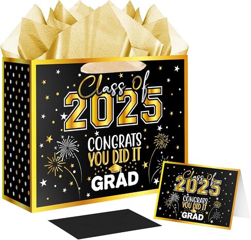 Jaywayang 12.6" Large Black and Gold Graduation Gift Bag, 2025 Congrats Grad Desgin Gift Bag with Tissue Paper and Card for High School, College Graduation Season Theme Party. in Saudi Arabia