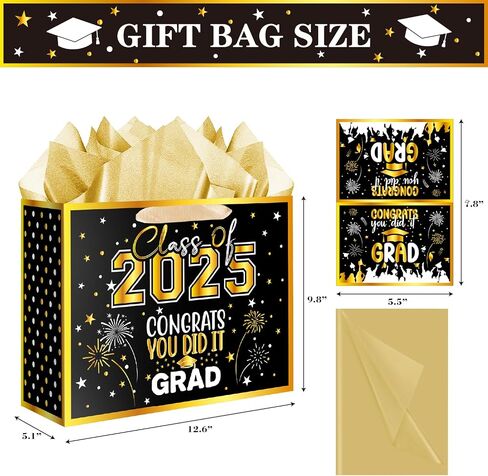 Jaywayang 12.6" Large Black and Gold Graduation Gift Bag, 2025 Congrats Grad Desgin Gift Bag with Tissue Paper and Card for High School, College Graduation Season Theme Party. in Saudi Arabia