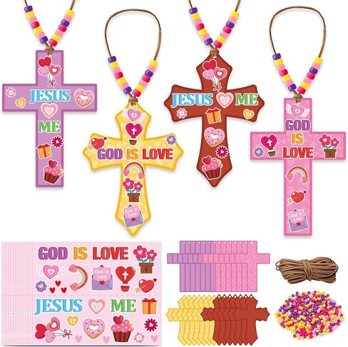 BeYumi Easter Cross Necklace Craft - 28Pcs Easter Religious Cross Necklace Craft Kit for Kids DIY He is Risen Sticker and Beads Christian Decor Sunday School Classroom Party Activities in Kuwait