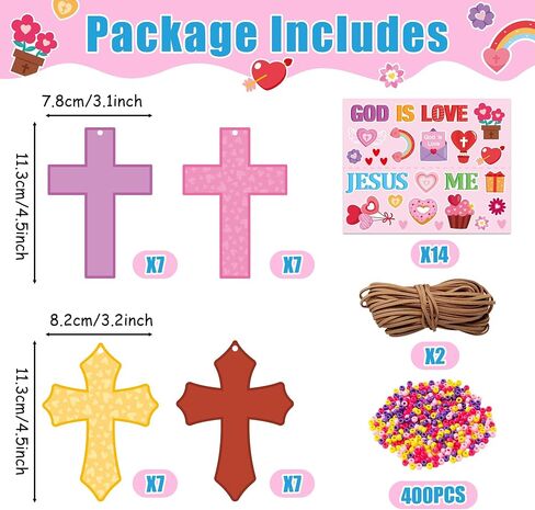 BeYumi Easter Cross Necklace Craft - 28Pcs Easter Religious Cross Necklace Craft Kit for Kids DIY He is Risen Sticker and Beads Christian Decor Sunday School Classroom Party Activities in Kuwait