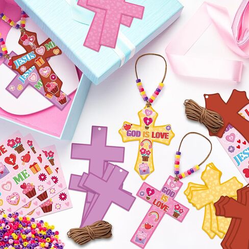 BeYumi Easter Cross Necklace Craft - 28Pcs Easter Religious Cross Necklace Craft Kit for Kids DIY He is Risen Sticker and Beads Christian Decor Sunday School Classroom Party Activities in Kuwait