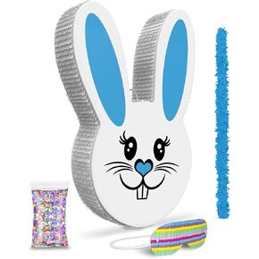 Boy Easter Bunny Piñata مجموعة مع عصا صغيرة وحقيبة حلويات - 17 "× 10" × 3 "مثالية للاحتفال بعيد الفصح ، وحفلات موضوع الأرنب ، وديكور الحفلات ، والمزيد