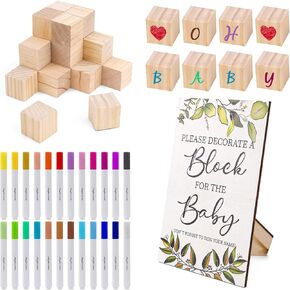 طقم ألعاب دش خشبي 75pcs ، 50 كتلة دش غير مكتملة مع علامة اللعبة 24 علامات الطلاء أكريليك مكعبات الأطفال الحرف اليدوية للضيوف زخرفة حفلات الضيوف