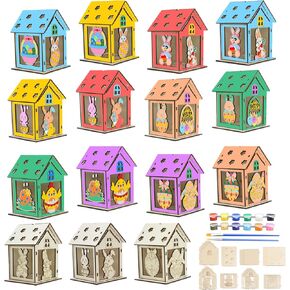 12pcs مجموعة الحرف الخشبية للمنزل الخشبي للأطفال DIY DIY Bunny Egg House مع ، مشروع فني للحرف الخشبية لاستلوازات الحفلات الربيع