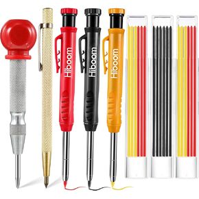 Hiboom 3 Pack Carpenter Pencils مع 18 عبوات (أحمر ، أسود ، أصفر) وشرح ، لكمة مركزية 5 بوصات ، أداة Scribe Carbide ، علامة ثقب عميق ، أقلام رصاص خشبية شاقة 2.8 مم للمهندسة المعمارية