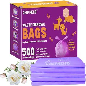 Disposable Baby Diaper Bags (500 Bags) Fresh Powder Scented Easy Tie Handles epi Eco-Friendly Diaper Disposable Sacks Dog Poop Bags Cat Litter Waste Bags (Fresh Powder, 500 ct.) in Saudi Arabia