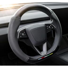 REEVAA 2025 Upgraded Car Steering Wheel Cover for Tesla Model Y, Carbon Fiber Black Leather, Grippy Non-Slip, for Tesla Model Y(2020-2025) Accessories,14.5in