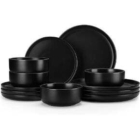 MALACASA Plates and Bowls Sets, 12 Pieces Modern Porcelain Dinnerware Set for 4 White Kitchen Dinner Dining Ware Set wtih Black Rim Ceramic Dishware Dishes Microwave and Dishwasher Safe, Series LUNA