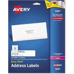 Avery 5261 تسميات عناوين بريدية سهلة التقشير ، ليزر ، 1 × 4 ، أبيض ، 500/حزمة