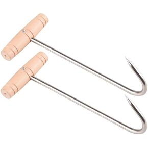 Meow&Woof 2 Pack Meat Hook for Hanging Horse, Goat Hay Feeder Hooks - Easy to Use Metal Hooks for Effortless Hay Moving Farm Utility, Wood Handle for Comfortable Grip with S Hooks-6.5 Inch