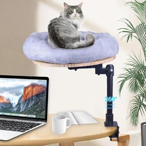 Cat Desk Bed - 360 درجة الدوران ، قابلة للتعديل وقابلة للرفع ، أرجوحة قط مثالية لمكتبك ، صينية خشبية ، عش القابل للإزالة لسهولة التنظيف ، يدعم ما يصل إلى 45 رطلاً