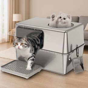 Enclosed Stainless Steel Litter Box with Lid, Enclosed Metal with High Sides, Large Cat Litter Box, Dog-Proof, Odor Control, Easy to Clean,Durable with Round Edge (Lateral Entry)