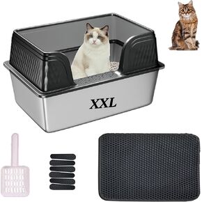Suhaco Extra Large Stainless Steel Litter Box with Lid XXXL High Sided Cat Litter Boxes Included Litter Mat & Litter Scoop Anti-Urine Leakage Metal Pet Toilet for Big Cats (Black XXXL)