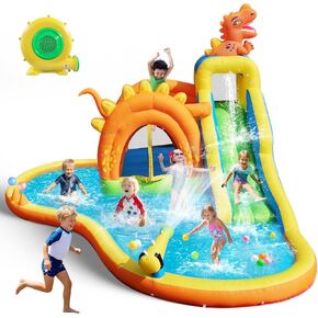 Dinosaur Inflatable Water Slide Park - 6-in-1 Bounce House with Slide, Jump Area, Splash Pool, Climbing Wall & Basketball Hoop | 480W Blower Included | Indoor/Outdoor Backyard Play for Kids 3-10