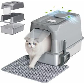 Stainless Steel Litter Box, Plasma Deodorizing XL Metal Litter Box with Infrared Sensor Extra Large Kitty Litter Pan with Lid Anti-Leak Easy to Clean Litter Tray with Litter Mat and Scoop for Big Cat