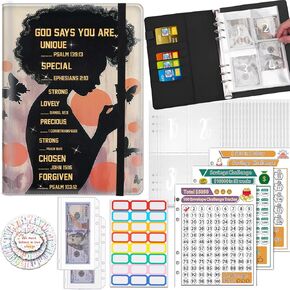 100 Envelopes Money Saving Challenge Binder, A5 Budget Binder with 25 pcs Cash Envelopes, 3 pcs Reusable Laminated Trackers Saving, Money Organizer，Black Girl African Women Girl Sunflower