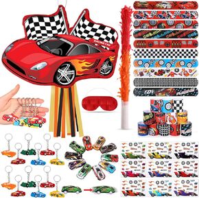 Pasimy Cars Piñata Race Car Party Favors مجموعة مع أسود عيد ميلاد حمراء Piñata عصا العصا معصوفة سوار المفتاح ملصقات سلسلة Racecar Party Decorations