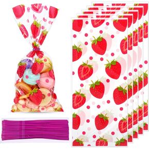 100 PCS الفراولة تشيلو أكياس ، تشيلو الفراولة معالجة الأكياس البلاستيك صافحة الخير الحلوى الهدية أكياس ، أكياس الفراولة جيدة مع 100 قطعة Twist to Twist for Strawberry عيد ميلاد الزخرفة