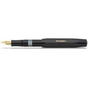 Kaweco Piston Sport Classic Black/Gold I Premium Plastic Fountain Pen لزجاجات الحبر مع نافذة حبر شفافة في مربع الحنين الأول حشو المكبس الحصري 13 سم I NIB: F (غرامة)