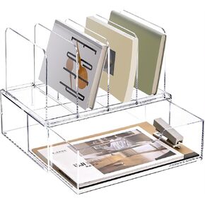 Desk Organizer with Drawers, Acrylic File Organizer with 4 Vertical File Holders and 1 Sliding Drawer,Multifunction Desktop Accessories Storage for Home Office&School, Clear