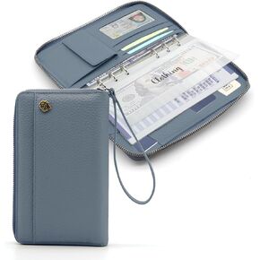 A6 Binder Cash Envelope System Wallet ، دفتر مخطط ميزانية توفير الأموال ، 6 حلقات قابلة لإعادة التعبئة النقدية المملوءة باندر ، مخطط Zipper RFID مع غطاء جلدي أصلي (أسود)