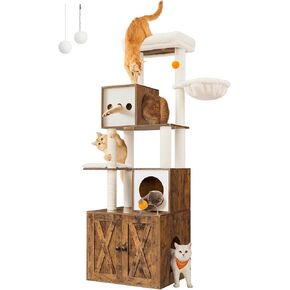 Feandrea Cat Tree مع حاوية صندوق القمامة ، وبرج القط الحديث 2 في 1 ، و 70.8 بوصة شقة القط مع منشورات الخدش ، والكهوف ، والسلة ، والوسائد القابلة للغسل ، Heather Greige Upct116g01