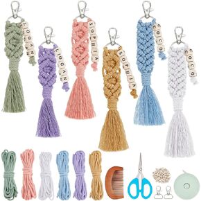 Beunitone DIY MACRAME CLETTER KEYCAINS 6 مجموعة مفاتيح MACRAME المصنوعة يدويًا للمبتدئين BOHO MACRAME KEYCHAIN ​​KIT DIY TASSEL LEM