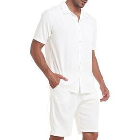 MoFiz Men's Linen Sets 2 Pieces Summer Vacation Party Beach Outfits Short Sleeve Button Down Shirts and Pants Set