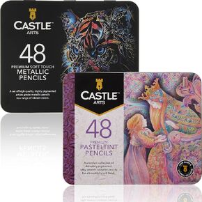 Castle Art Supplies Metallic and Pasteltint Colored Pencils Bundle | Quality Wax Cores and Soft, Sumptuous Tones | 96 Shades for Adult Artists, and Colorists | Presented in Organized Tins