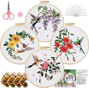 yyouals 4pcs مجموعة التطريز للمبتدئين ، ومجموعات التطريز مع نمط الطائر الطنان ، ومجموعات غرز المتقاطعة للبالغين ، ومجموعة التطريز اليدوي مع خيوط وإبر حلقة التطريز