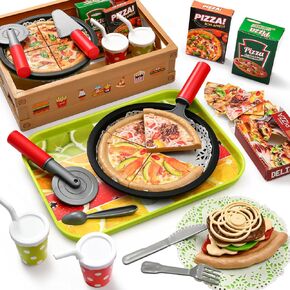 43pcs Pizza Play Food Food for Kid Toddler ، Play Play Fast Food Toy مع Toppings Topings & Tray & Storage Basket