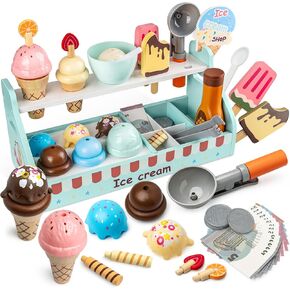 ألعاب الآيس كريم الخشبية للأطفال ، Commodum 43pcs Count Counter Playset ، أطفال يتظاهرون بالمطبخ يلعب ألعاب الطعام مع أموال مزيفة وألعاب خشبية للأطفال الصغار الذين تتراوح أعمارهم بين 3 سنوات.