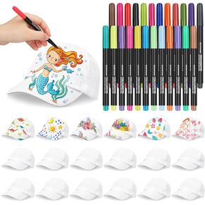 Funnysoft 16 Pieces Boys Girls White Blank DIY Baseball Caps with 24 Colors Fabric Markers White Hats Blank Adjustable Hats in Bulk with Back Mesh Polyester Sports Cap for Boys Girls Painting