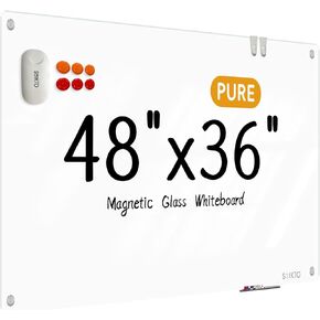 Glass Whiteboard - Glass Dry Erase Board 48" x 36" Magnetic Pure White Board Glass Writing Board White Boards for Walls Wall Office Home
