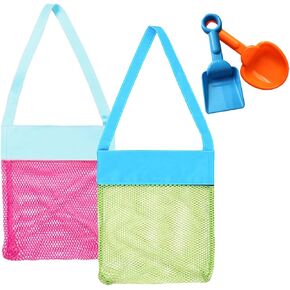 Auony Beach Mesh Bags, 2 Pack Sand Away Seashell Tote Bags with Adjustable Carrying Straps for Kid's Shell Collection