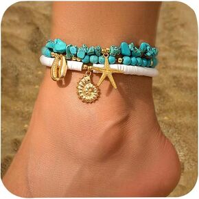 yfstyle 3Pcs Boho Beach Ankle Bracelets Summer Ocean Starfish Seashell Anklets for Women Waterproof Turquoise Beads Anklets Bracelets Set Adjustable Boho Foot Ocean Jewelry Gifts