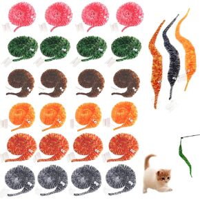 24 PCS Cat Worm Toy Zebra Print Feather Worm Worm Delleser Conflies Cat Cat Cat Presentive Wand Accessories for Fishing Toy Toy Teaser للقطط الداخلية هريرة