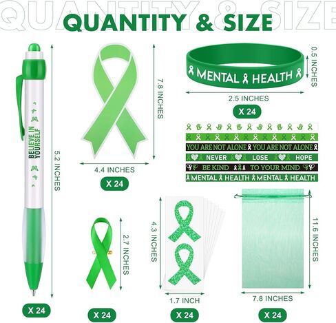 Aodaer 144 Pieces Mental Health Awareness Accessories Set of 24 Green Ribbon Charity Giveaways Favor Pack Include Silicone Bracelets Green Ribbon Pins Pens Button Badge Stickers Organza Bags in Saudi Arabia