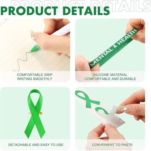 Aodaer 144 Pieces Mental Health Awareness Accessories Set of 24 Green Ribbon Charity Giveaways Favor Pack Include Silicone Bracelets Green Ribbon Pins Pens Button Badge Stickers Organza Bags in Saudi Arabia