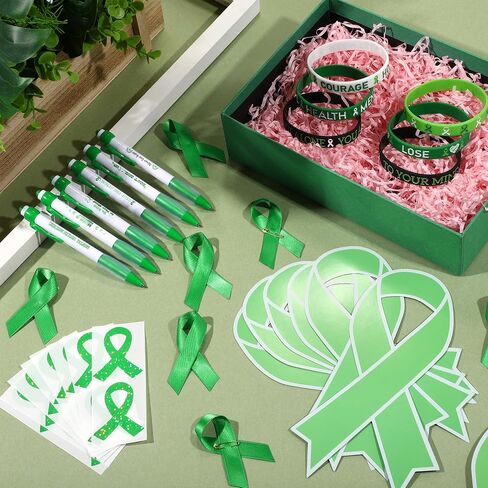 Aodaer 144 Pieces Mental Health Awareness Accessories Set of 24 Green Ribbon Charity Giveaways Favor Pack Include Silicone Bracelets Green Ribbon Pins Pens Button Badge Stickers Organza Bags in Saudi Arabia